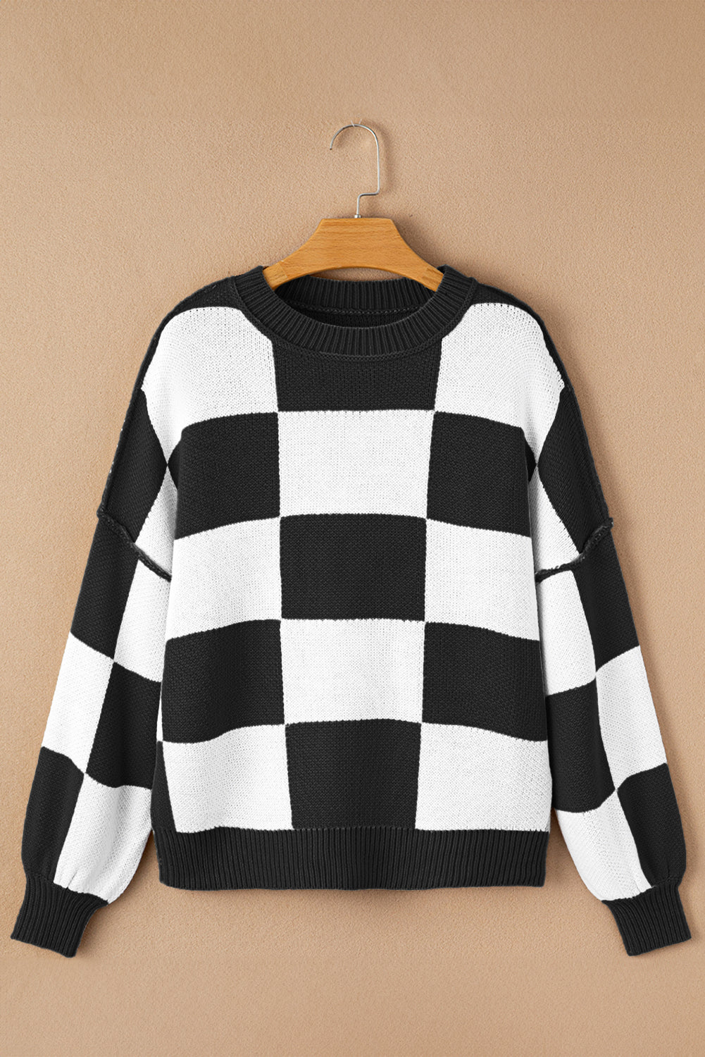 Checker Exposed Seam Drop Shoulder Long Sleeve Sweater