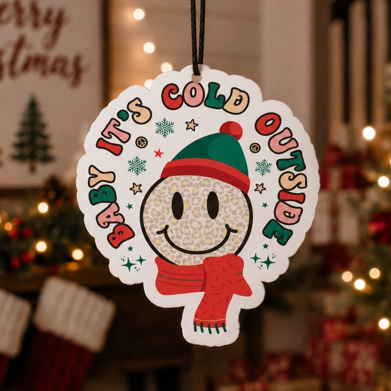 A round hanging Christmas ornament with a smiling face wearing a green hat and red scarf, surrounded by the phrase “It’s Cold Outside” in multicolored letters, shown hanging in a decorated holiday home with stockings, a Christmas tree, and a “Merry Christmas” sign in the background.