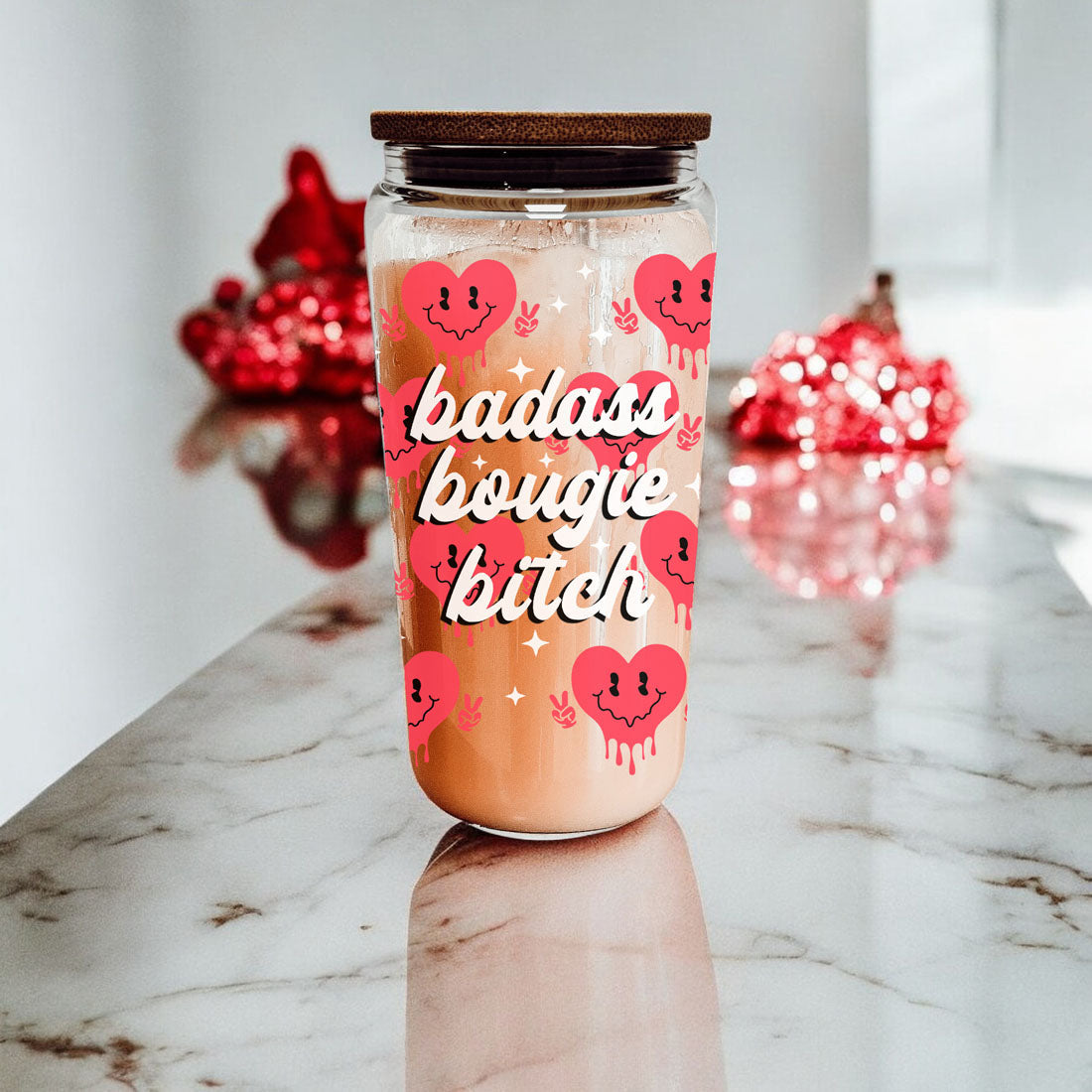 20oz glass tumbler with smiley face candy hearts for a playful Valentine’s.
Funny Galentine’s Day gift with a modern, retro design for women.