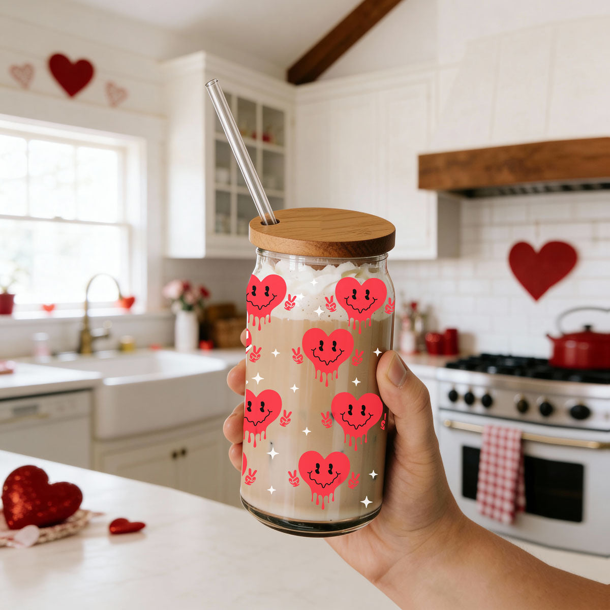Badass bougie bitch glass cup 20oz with red retro smiley face hearts holding a peace sign up. Boss woman valentines day gift ideas. 20oz Vday glass cups with bamboo lid and glass straws. 