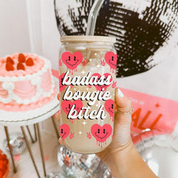 Funny and empowering glass tumbler for your favorite boss woman.
Red smiley face candy hearts 20oz glass cup for a retro vibe.
Valentine’s Day gifts for women with a fun, empowering twist.