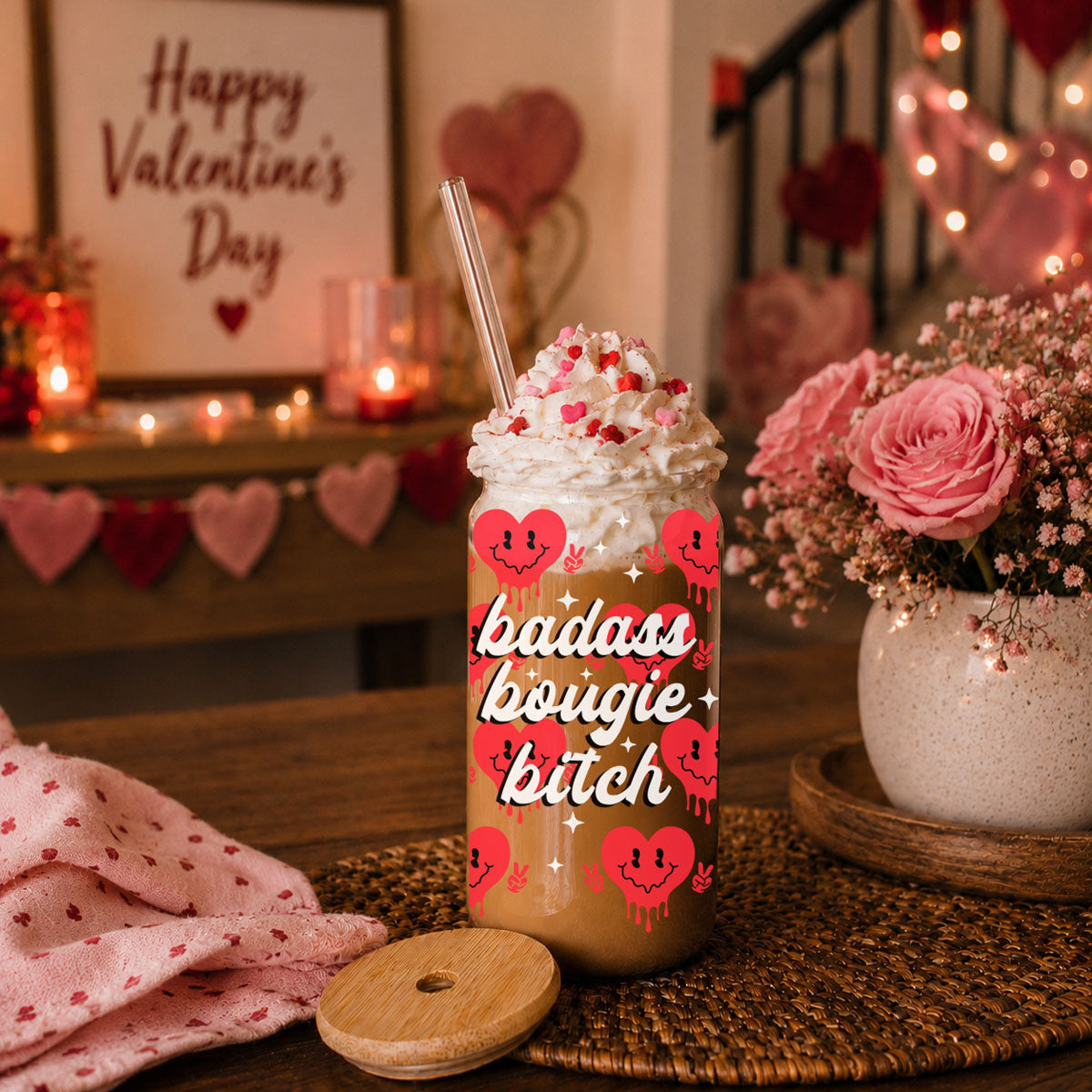 Trendy glass cups for stylish Galentine’s Day gifts.
Funny and empowering wholesale glass tumblers for boss women.
Wholesale 20oz glass cups with retro candy heart designs for Galentine's.
Bold and unique wholesale Valentine’s Day gifts for women of all kinds.