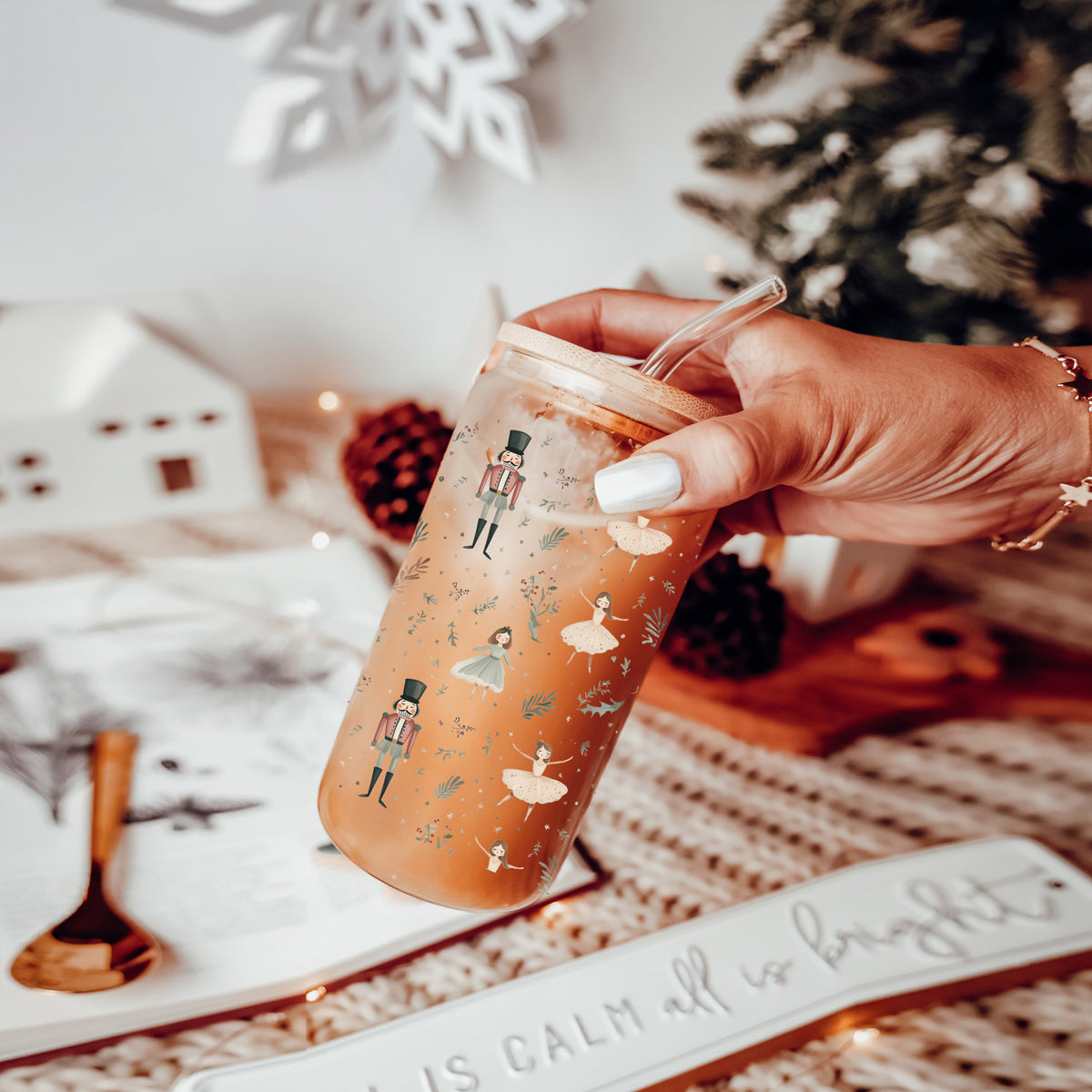 Holiday drinkware gifts glass cup 17oz - Christmas nutcracker ballerina pastel coffee tumbler bamboo lid - Soft accessories