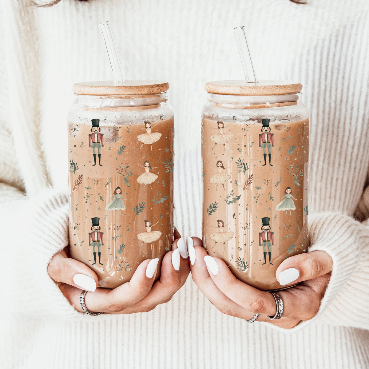 Unique Christmas glass tumbler - ballet dancer and Nutcracker pastel holiday design
Sparkly Christmas coffee mug – light neutral holiday colors Nutcracker drinkware