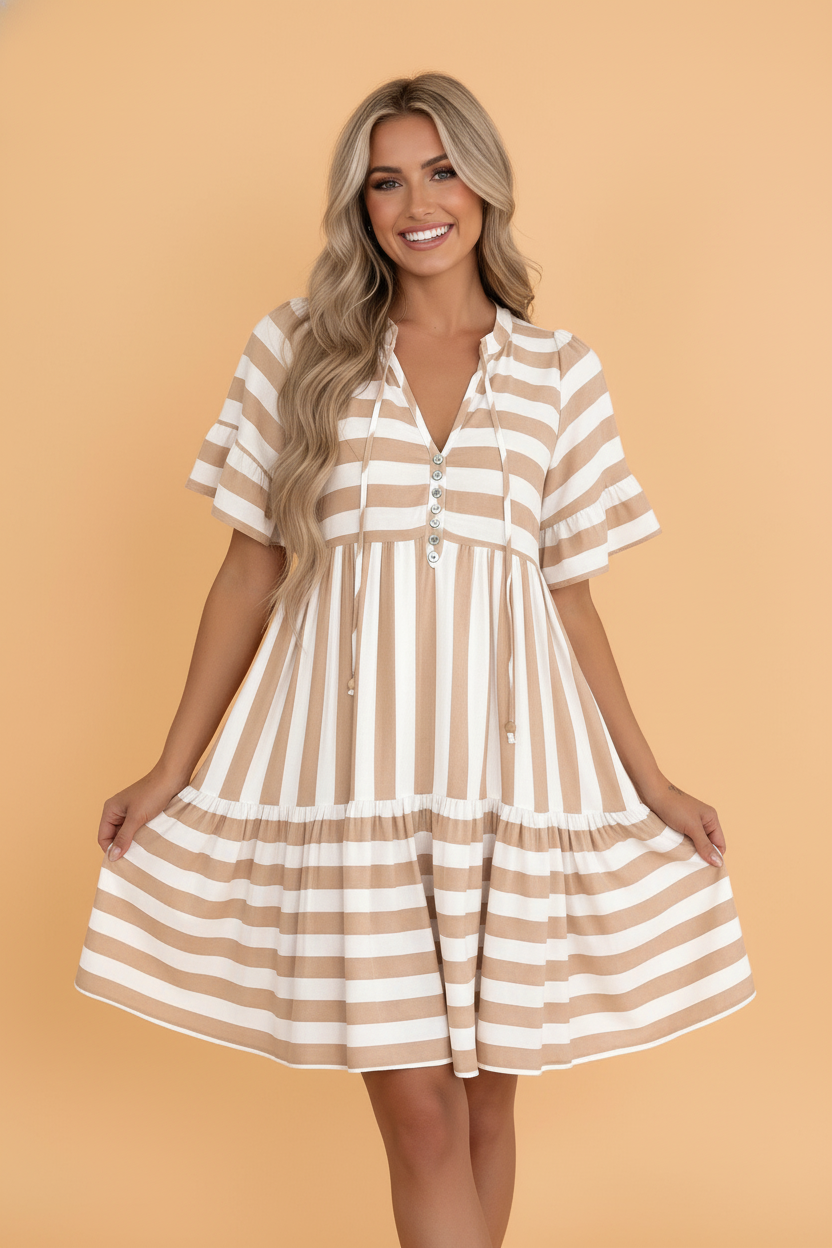Stripe Tie V-Neck Ruffle Trim Mini Dress