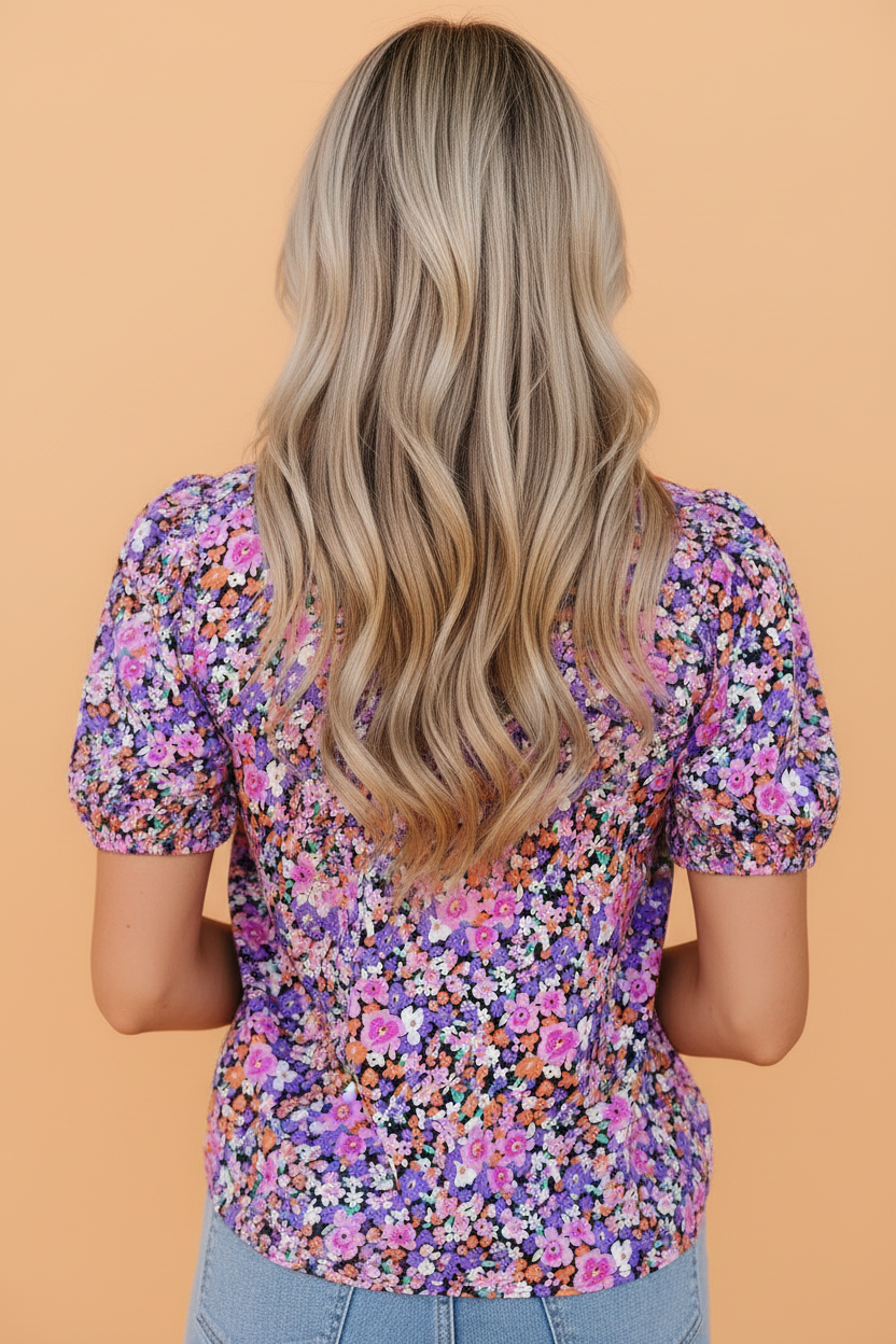 Floral Gingham Colorblock Trim V-Neck Blouse