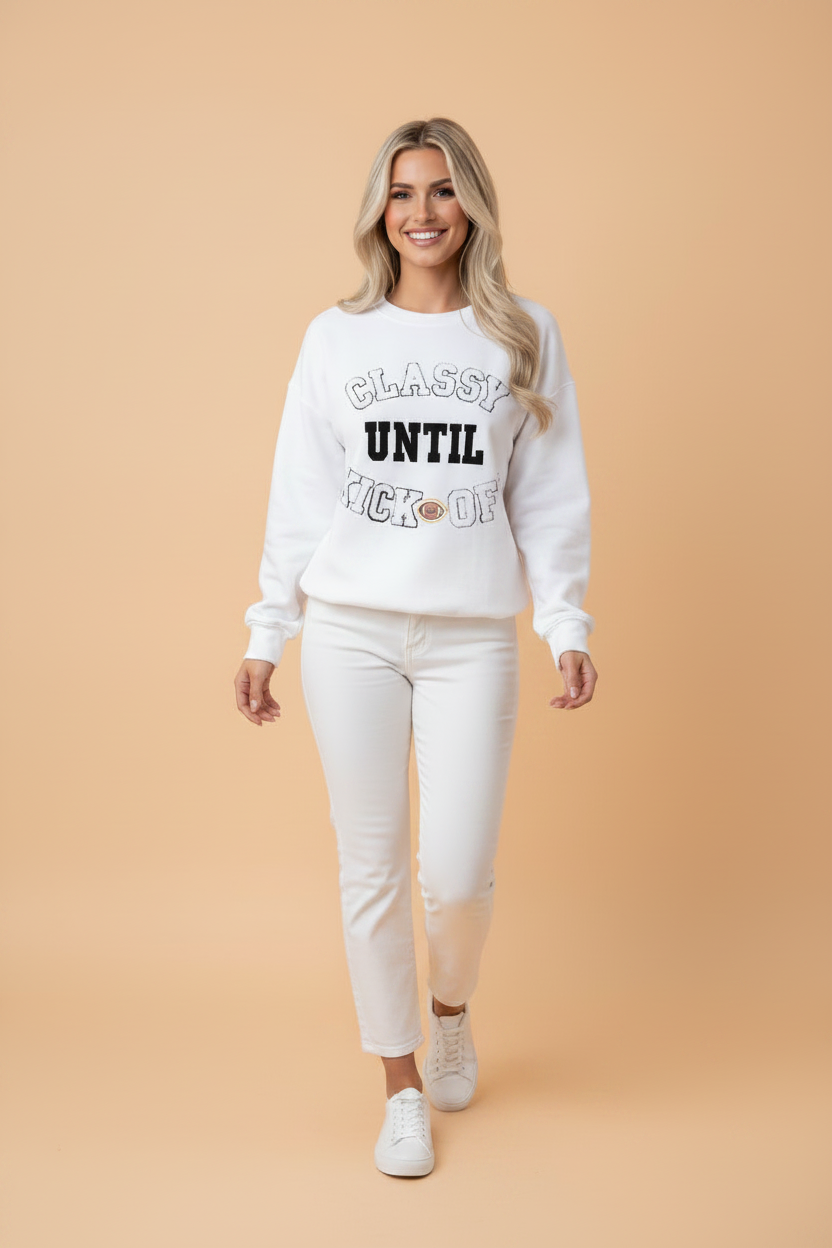 CLASSY UNTIL KICKOFF Letter Patch Loose Sweatshirt