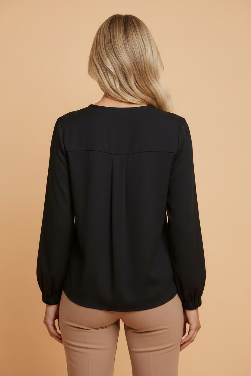 Solid Pleated Crewneck Puff Long Sleeve Shirt