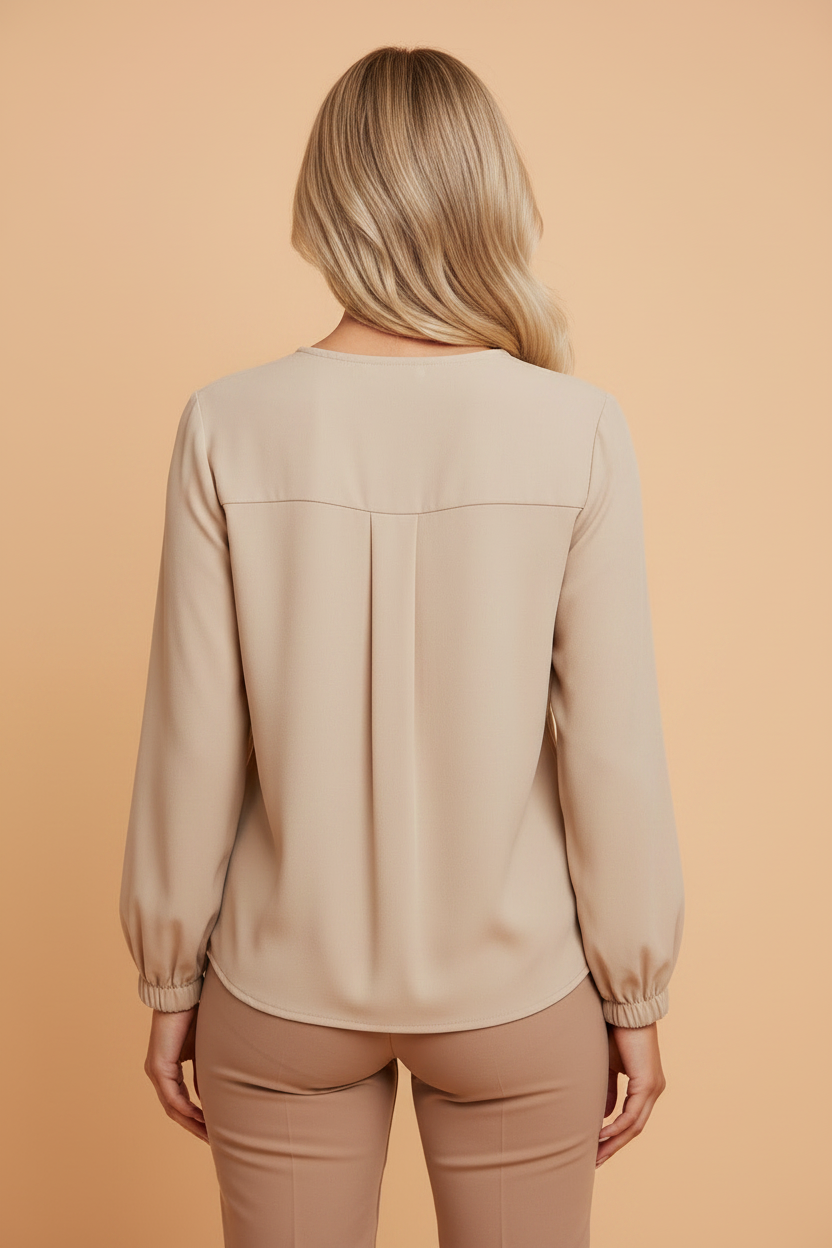 Solid Pleated Crewneck Puff Long Sleeve Shirt