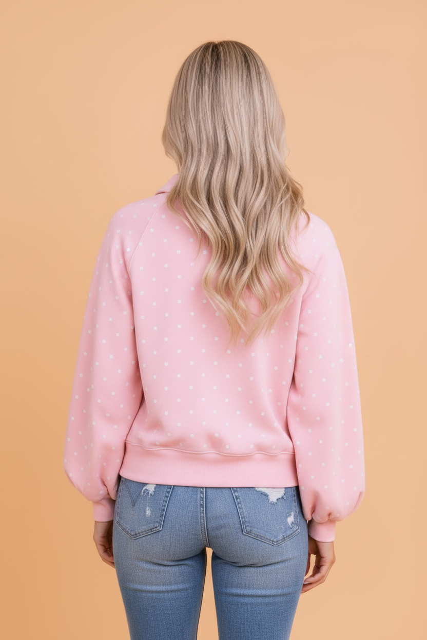 Polka Dot Metal Button Collar Pullover Sweatshirt