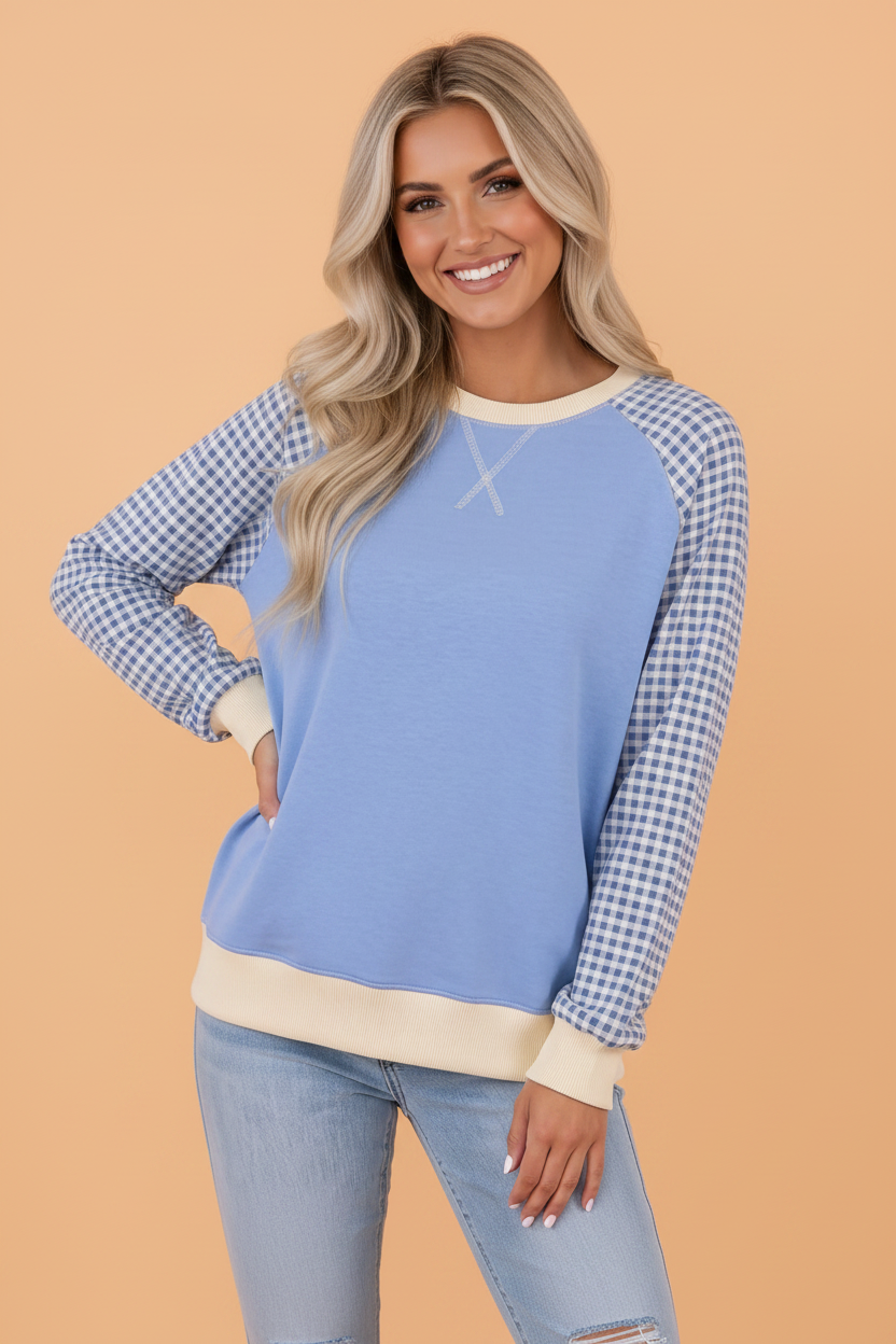 Gingham Colorblock Long Sleeve Raglan Pullover Sweatshirt