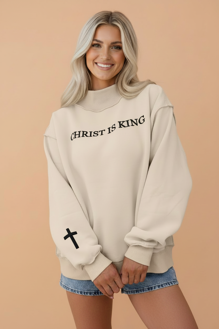 Christ Is King Cross Embroidery Exposed Seam Sweatshirt