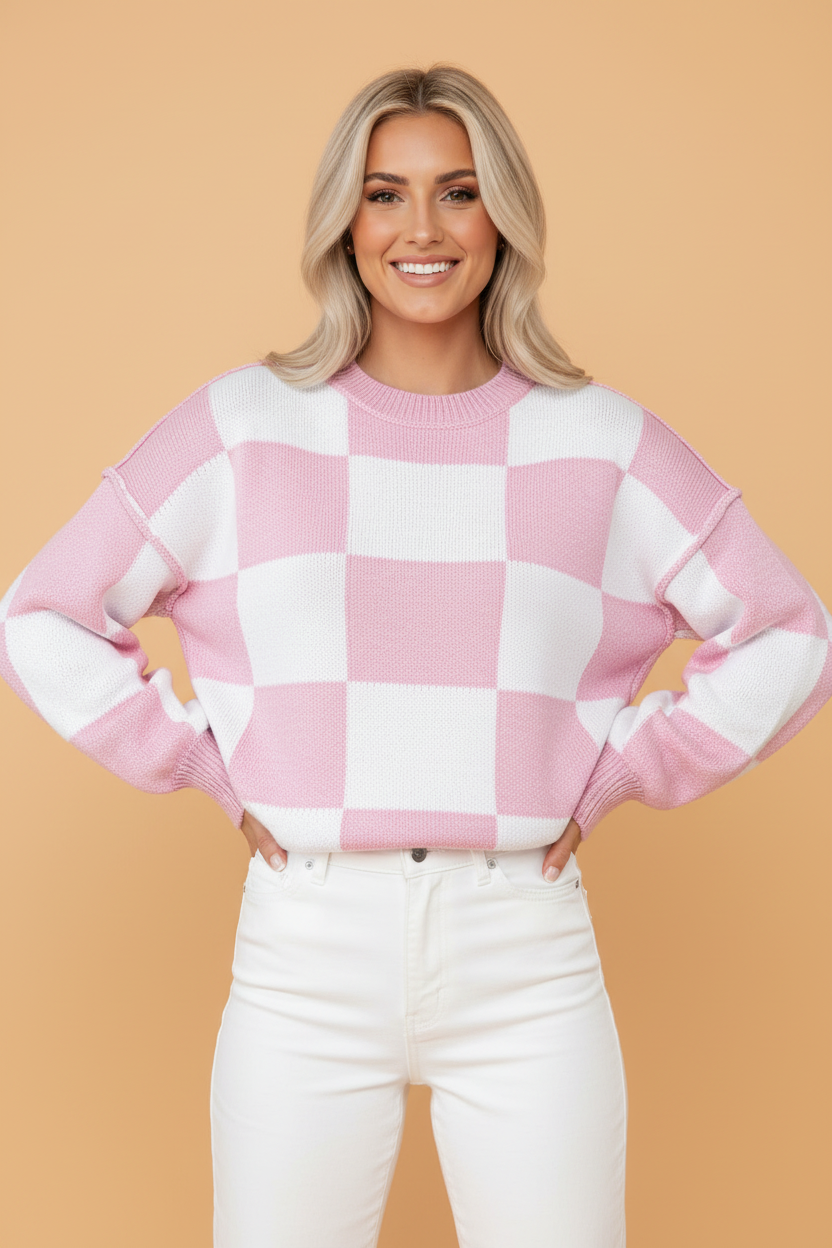 Checker Exposed Seam Drop Shoulder Long Sleeve Sweater