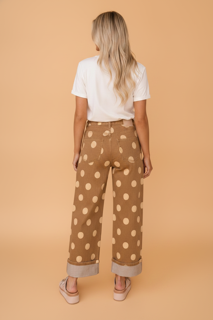 Polka Dot Denim Folded Hem High Waist Jeans