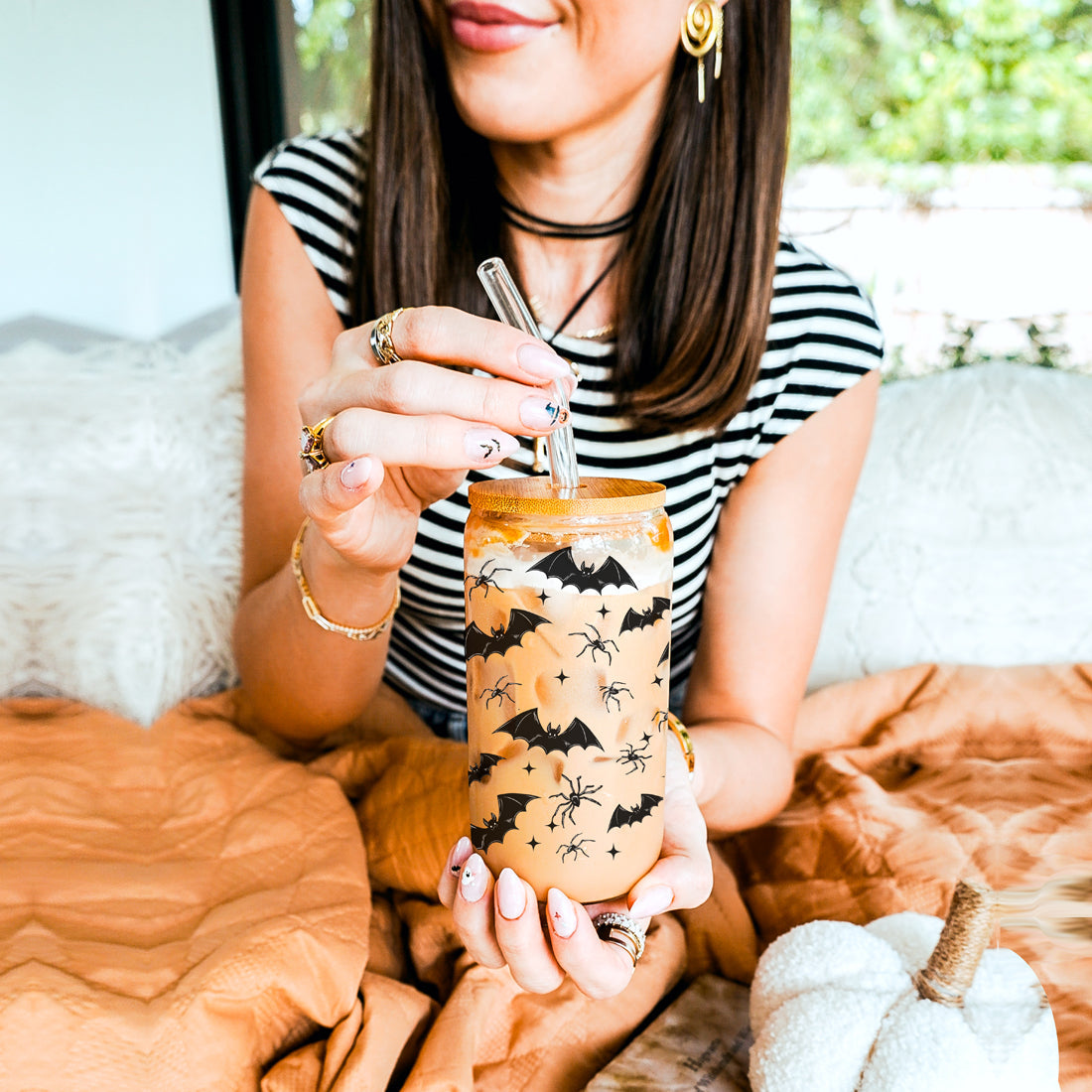 spooky pattern drink cup
bat lover tumbler gift
halloween present glass
creepy crawler collection