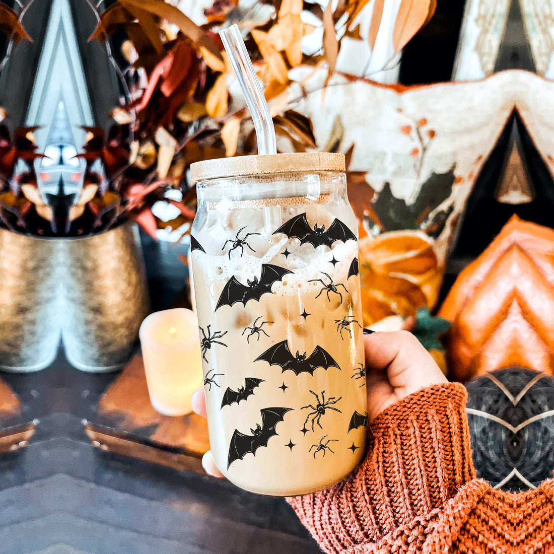 halloween hostess gift glass
spooky housewarming tumbler
bat pattern thank you gift
halloween party favor glass
spooky season present set