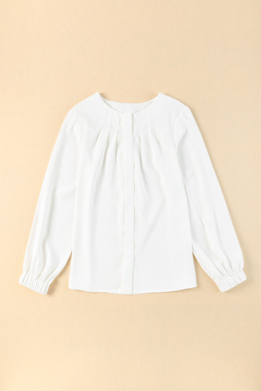 Solid Pleated Crewneck Puff Long Sleeve Shirt