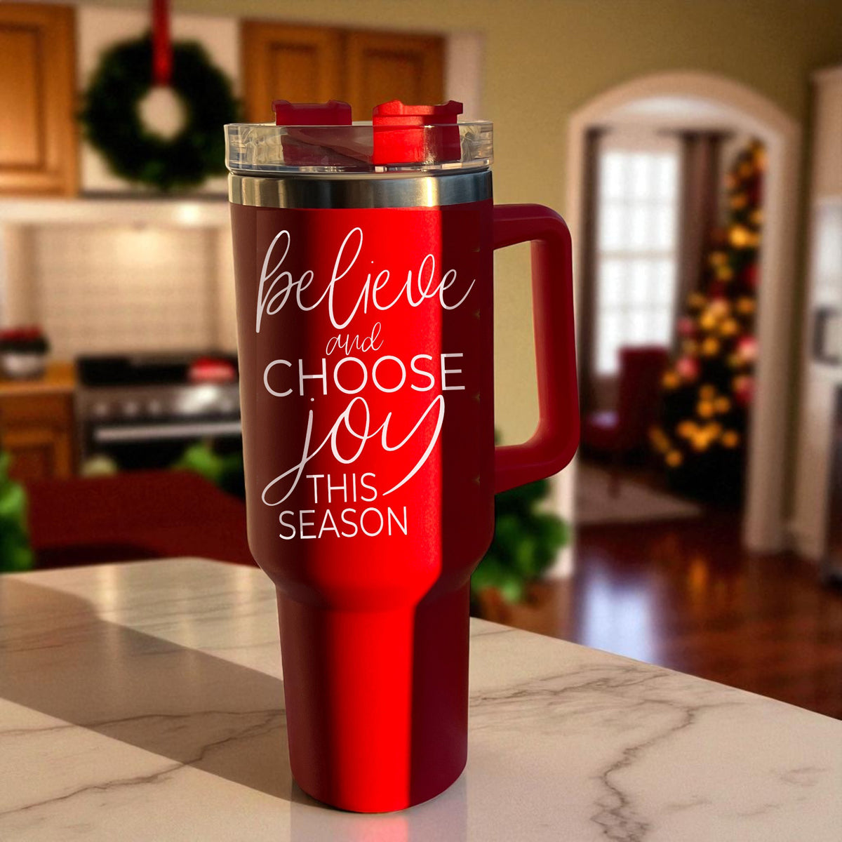 Red 40oz Christmas tumbler with believe and choose joy this season message
Christmas holiday tumbler 40oz - believe and choose joy seasonal drinkware
Red stainless steel Christmas tumbler - believe and choose joy this season quote