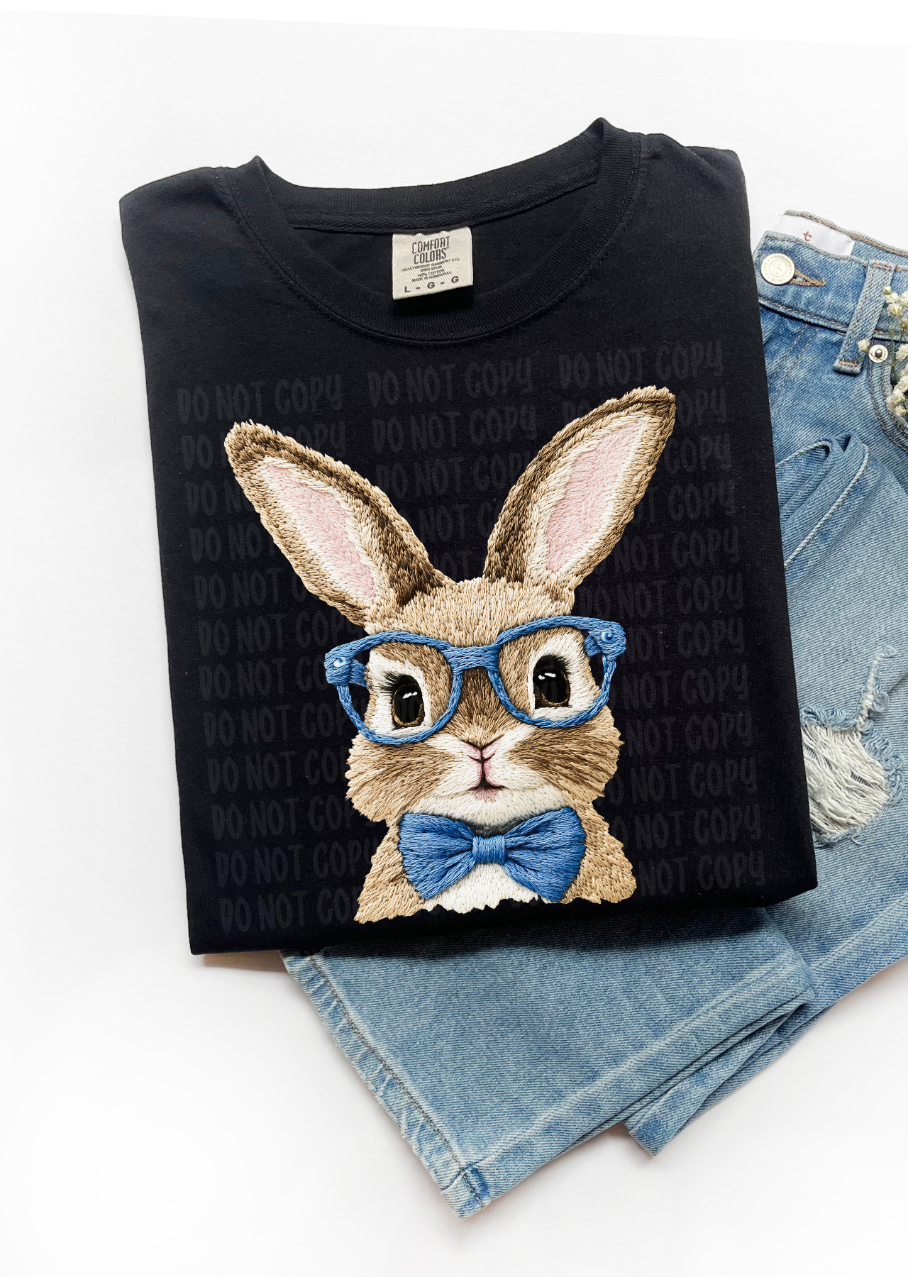 Smart Bunny Faux Embroidery  T-Shirt