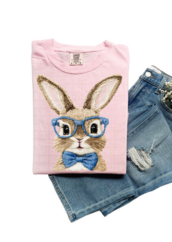 Smart Bunny Faux Embroidery  T-Shirt