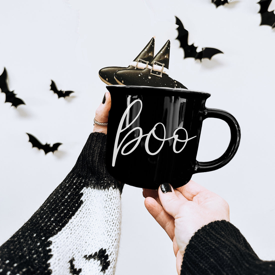 Halloween Ghost BOO Mug Large 14.5oz Black Ceramic Double-Sided Design
Morning Coffee Ghost Mug BOO Halloween Design