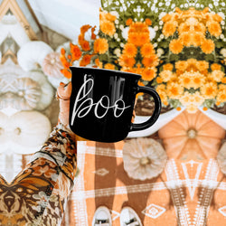 Simple Halloween BOO Mug Black and White Ghost Text
Halloween mug collection
Ghost coffee set
Boo seasonal drinkware