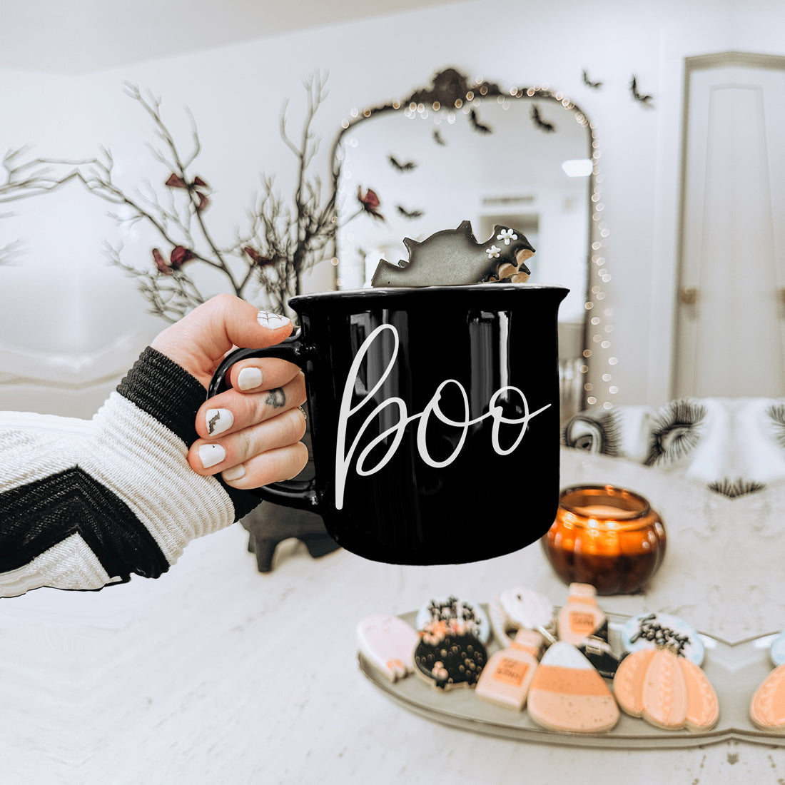 Bulk Minimalist BOO Halloween Mug Black with White Ghost Text Wholesalers
Halloween Coffee Lover BOO Mug Daily Use