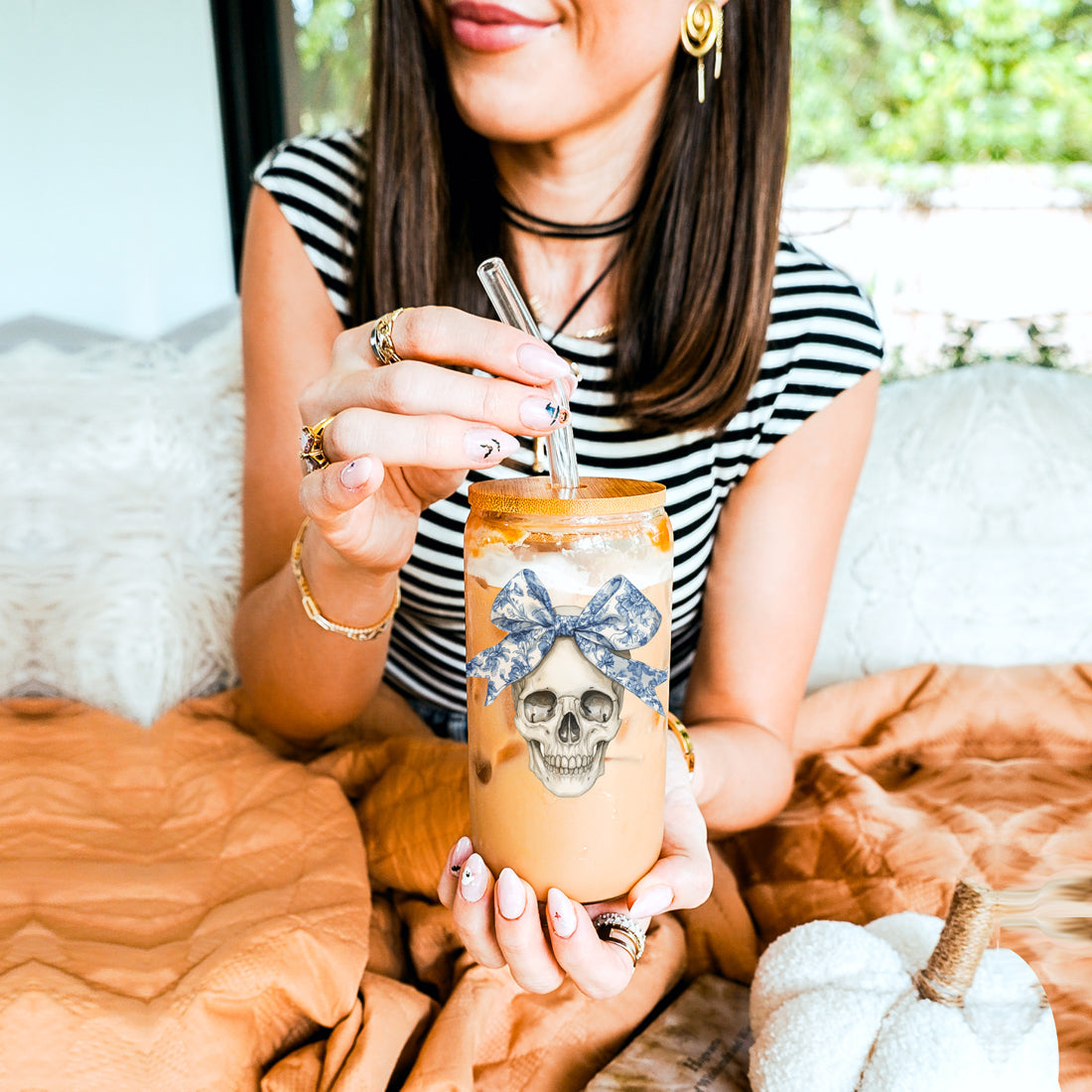 sophisticated spooky season glass
designer halloween drinkware
blue white skull tumbler set