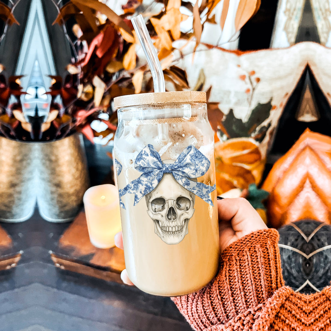 halloween home decor glass
designer skull drink set
blue pattern halloween tumbler