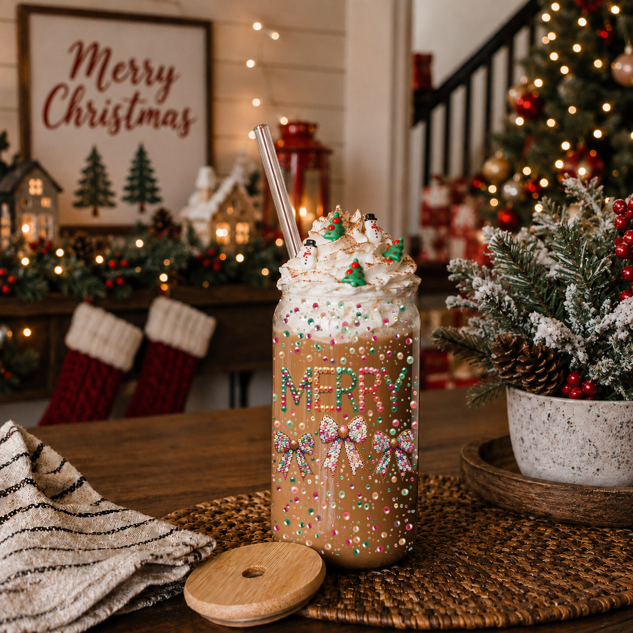Holiday coffee tumbler – glass cup with colorful Christmas coquette bows
Christmas coffee mug – “Merry” glass tumbler with festive glitter design
Unique holiday coffee cup – sequins and glitter Christmas glass cup gift
