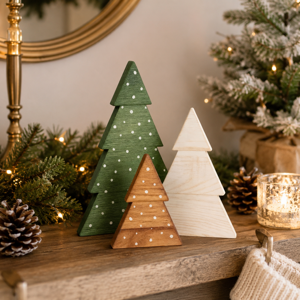 Small rustic trees for Christmas village décor
Decorative Christmas trees for a bedroom dresser
Wooden holiday trees for an office desk
Christmas decorations for small shelves and narrow spaces
Boxwood Christmas trees for a festive centerpiece
Rustic farmhouse wooden Christmas tree decorations
Modern farmhouse boxwood Christmas tree set
Scandinavian-style wooden Christmas tree décor
Neutral Christmas decorations with natural wood trees
Cottage Christmas décor with painted wooden trees