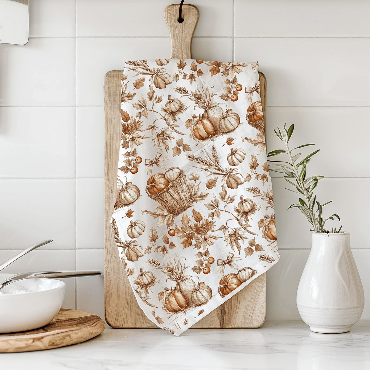 thanksgiving hostess gift pumpkin dish towels 
fall baking towel with pumpkins wheat and leaves
pumpkin patch autumn hand towel
rust and tan pumpkin kitchen towel for fall decor
vintage sketch pumpkin towel 