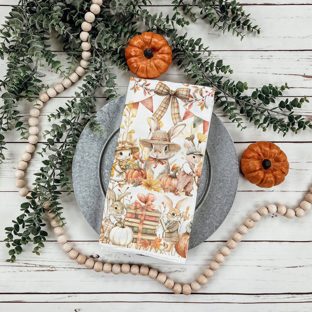 soft cotton fall towel with adorable rabbits in hats
pumpkin cart bunny flour sack towel in autumn colors
autumn bunny and plaid bow kitchen towel for thanksgiving
fall rabbit towel with pumpkins