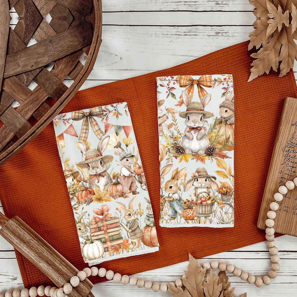 cute rabbit and pumpkin flour sack cotton towel
fall kitchen towel with dressed bunnies and leaves
autumn bunny family tea towel 
thanksgiving bunny dish towel for farmhouse kitchen
woodland animals fall towel with pumpkins 