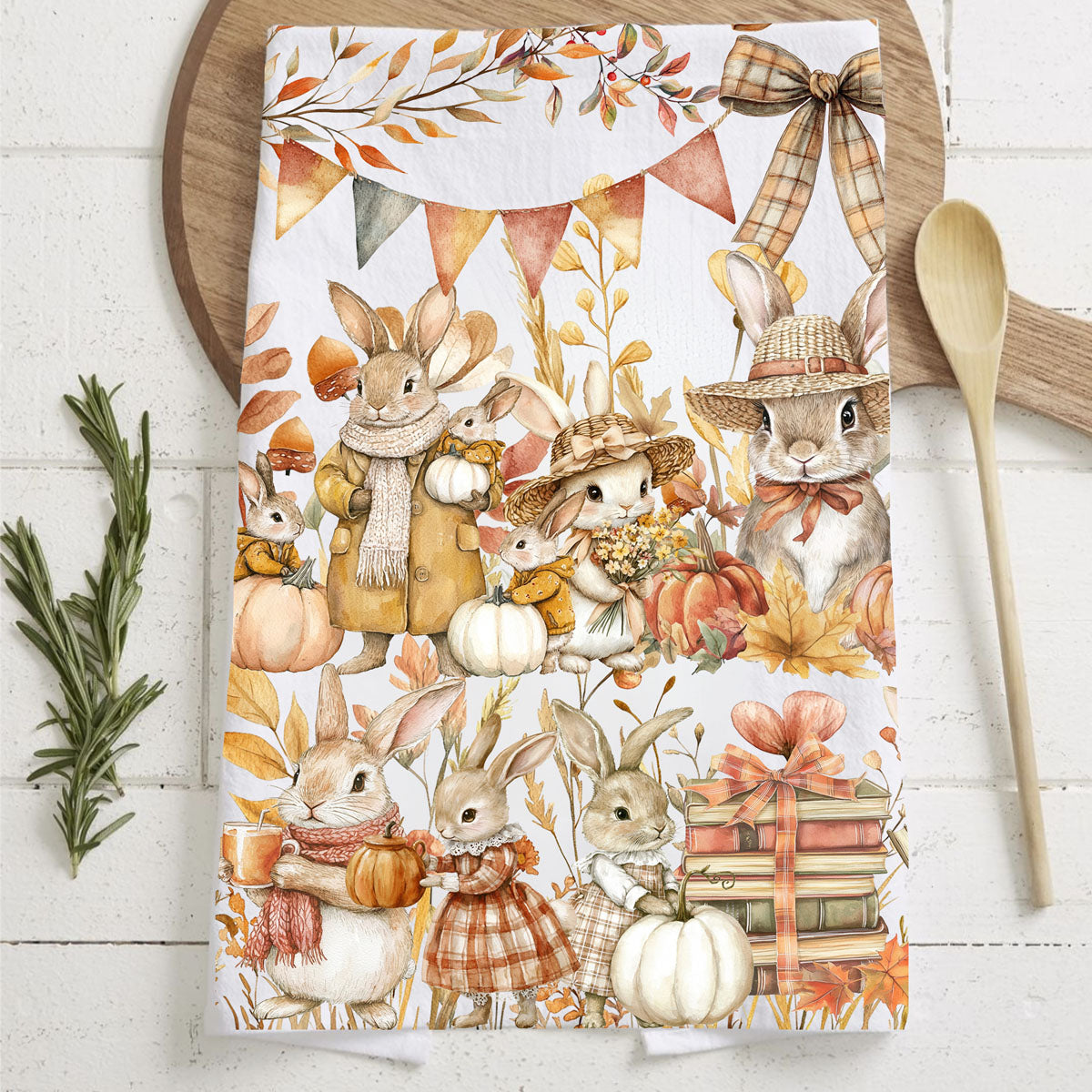 fall bunny print towel for kids friendly kitchen décor
autumn harvest towel with bunnies carrying pumpkins
fall bunting and bunny kitchen towel for seasonal decorating
fall bunny and leaf garland towel for rustic thanksgiving table decor
