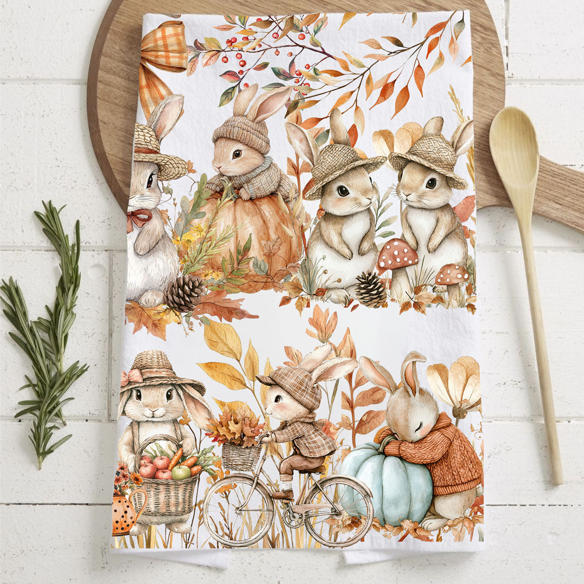 bunny themed fall tea towel on farmhouse cutting board
thanksgiving kitchen towel with cute bunnies and pumpkins
autumn bunny family towel for cozy cottage kitchen
autumn bunny and gingham banner flour sack dish towel