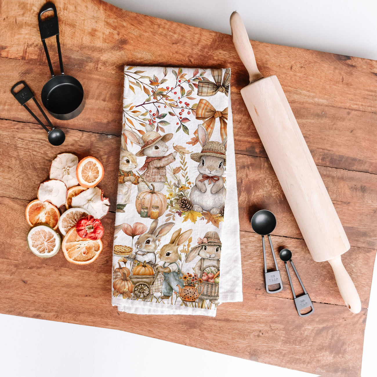 fall woodland bunny print tea towel 
bunny reading books fall towel for cozy reading nook décor
cute rabbit and pumpkin patch towel for thanksgiving hostess gift