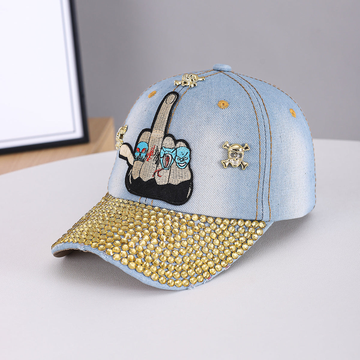 Metal Skull Diamond-Studded Flat Brim Snapback