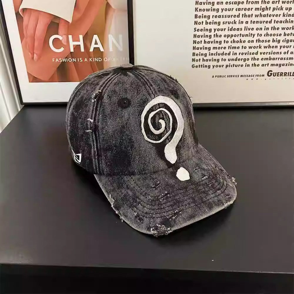 Question Mark Denim Print Washed Baseball Cap