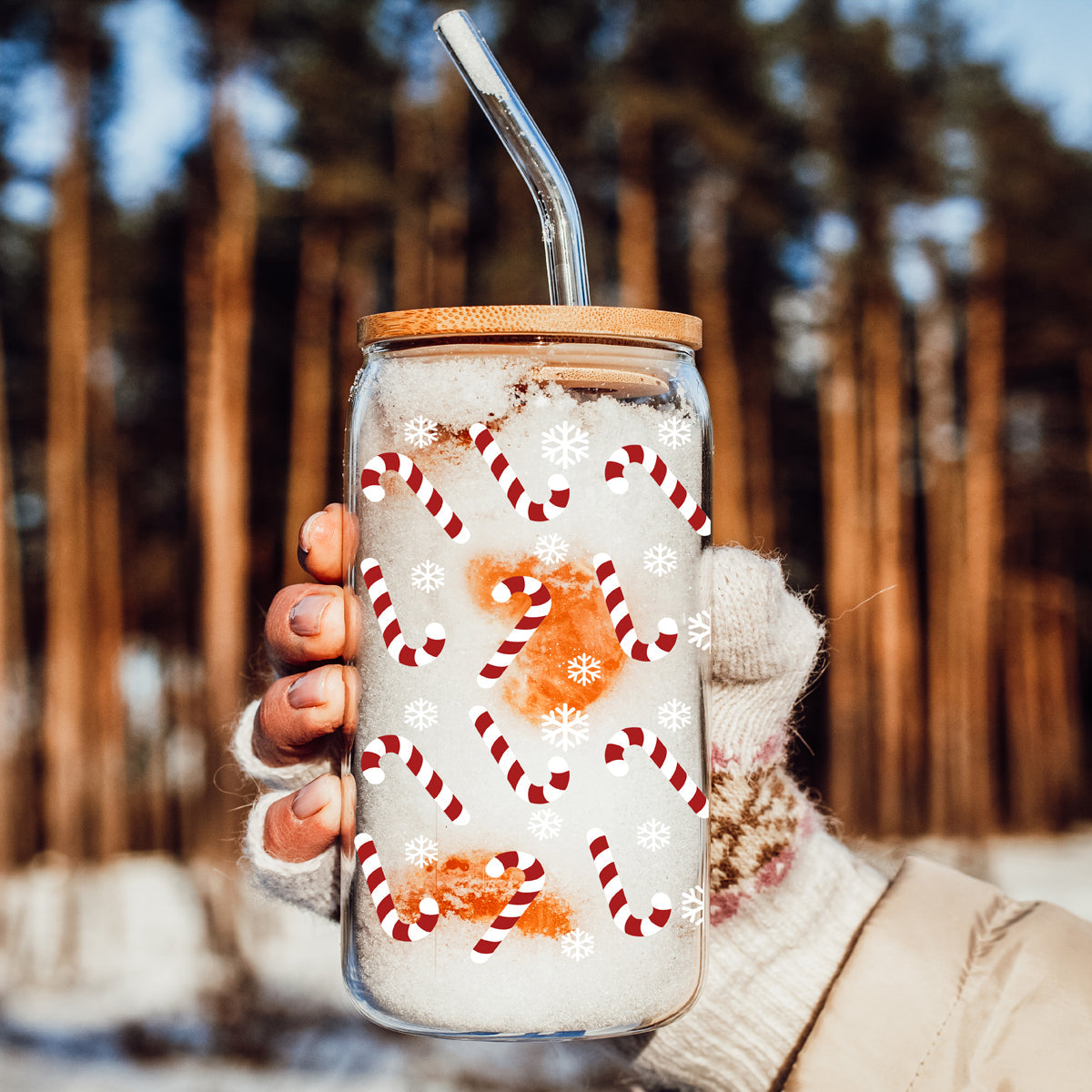 Christmas kitchen gift - candy cane and snowflake glass coffee cup with straw
Holiday glass tumbler cup with bamboo lid and glass straw - festive design
