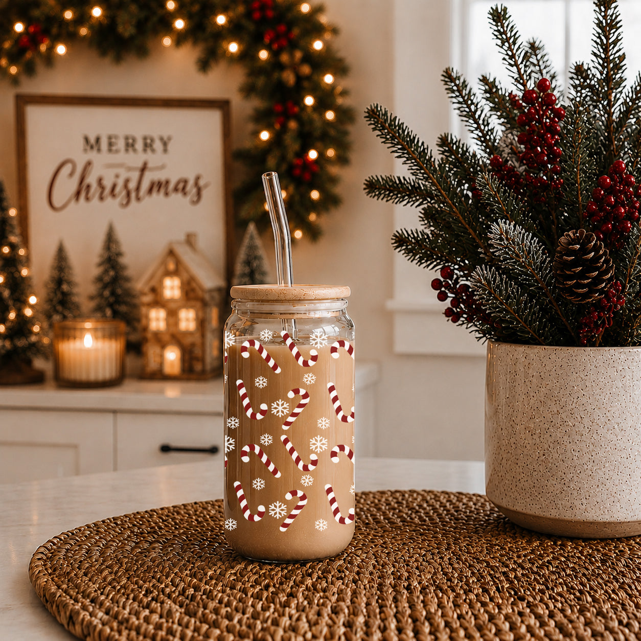 Glass Christmas tumbler – 17oz holiday drinkware for home or office
Christmas kitchen decor – festive glass tumbler with bamboo lid
