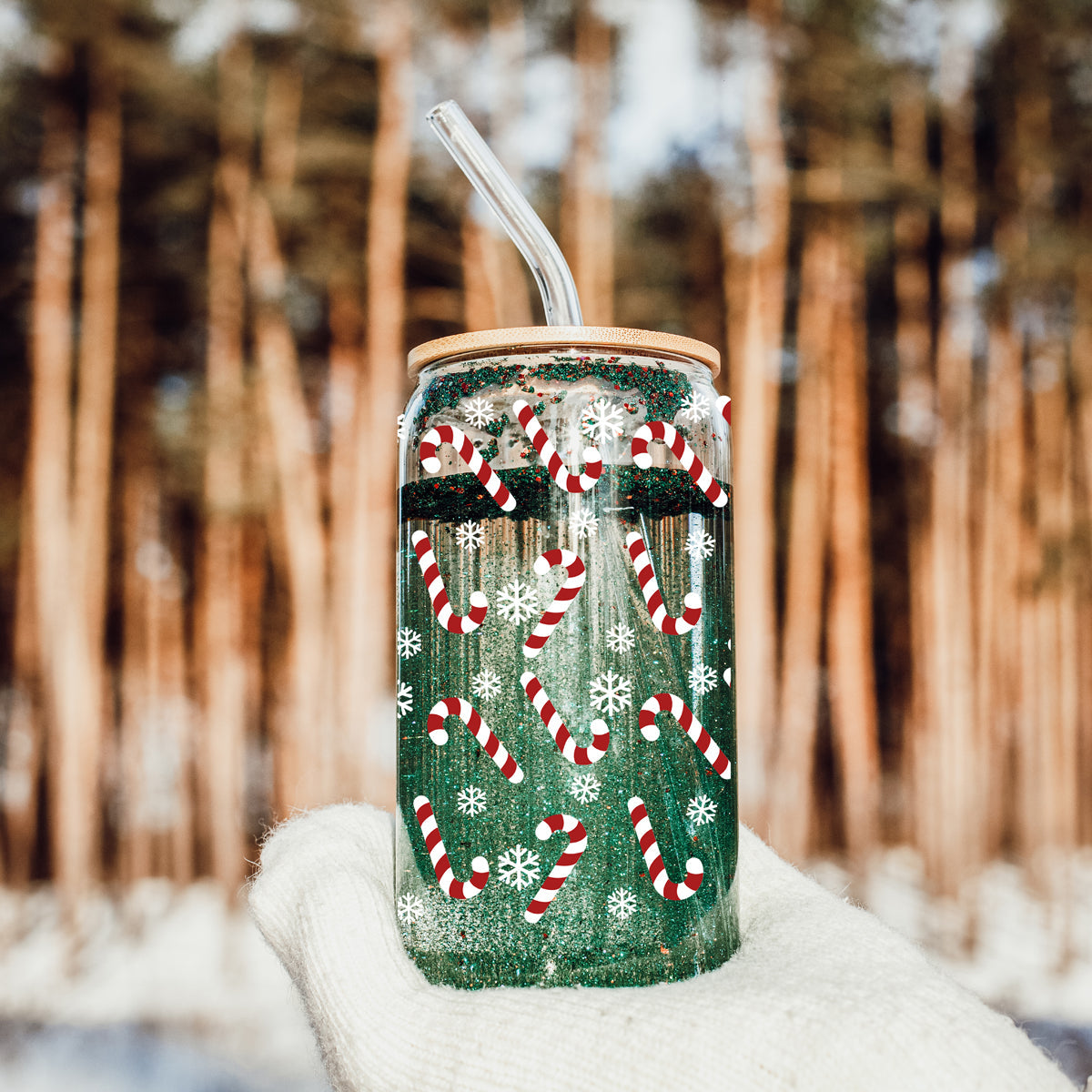 Holiday beverage accessory – candy cane and snowflake glass cup for drinks
17oz glass holiday tumbler – unique Christmas coffee cup gift