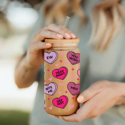 Quirky Valentine’s tumblers with candy heart graphics.
Modern Valentine’s glass cups with a humorous twist.
Sassy Valentine’s Day coffee cups for fun vibes.