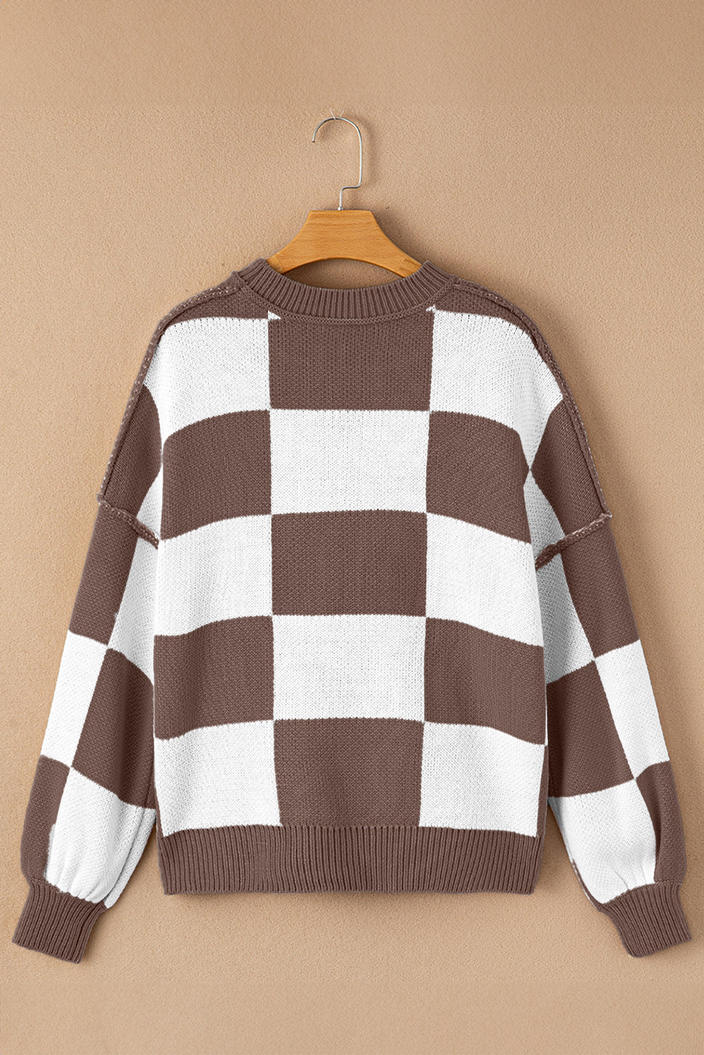 Checker Exposed Seam Drop Shoulder Long Sleeve Sweater
