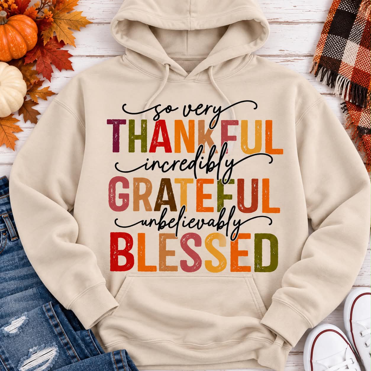 Thankful Grateful Blessed fall graphic hoodie with colorful autumn lettering