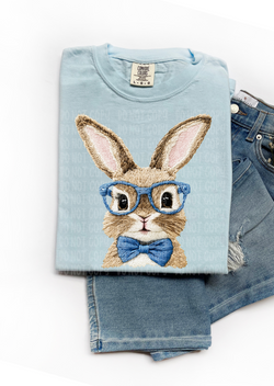 Smart Bunny Faux Embroidery  T-Shirt