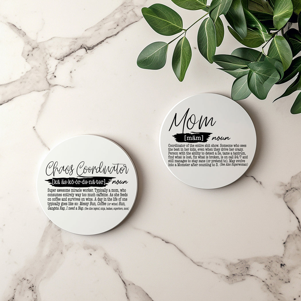 Black and white ceramic coasters
Typography drink coasters
Minimalist definition decor
Contemporary word coasters
