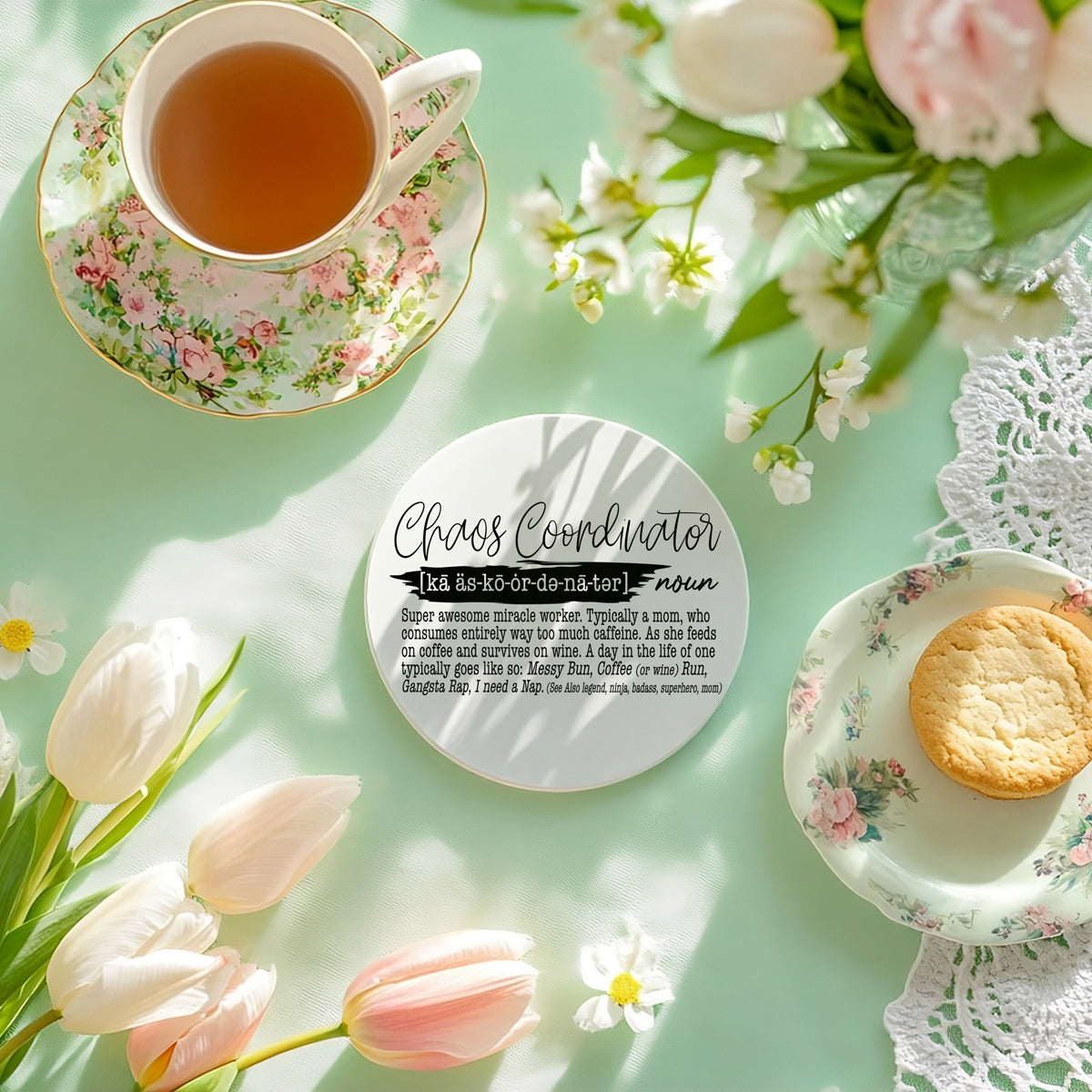 Set of funny definition ceramic coasters with cork backing
Mom life definition coasters collection on white background