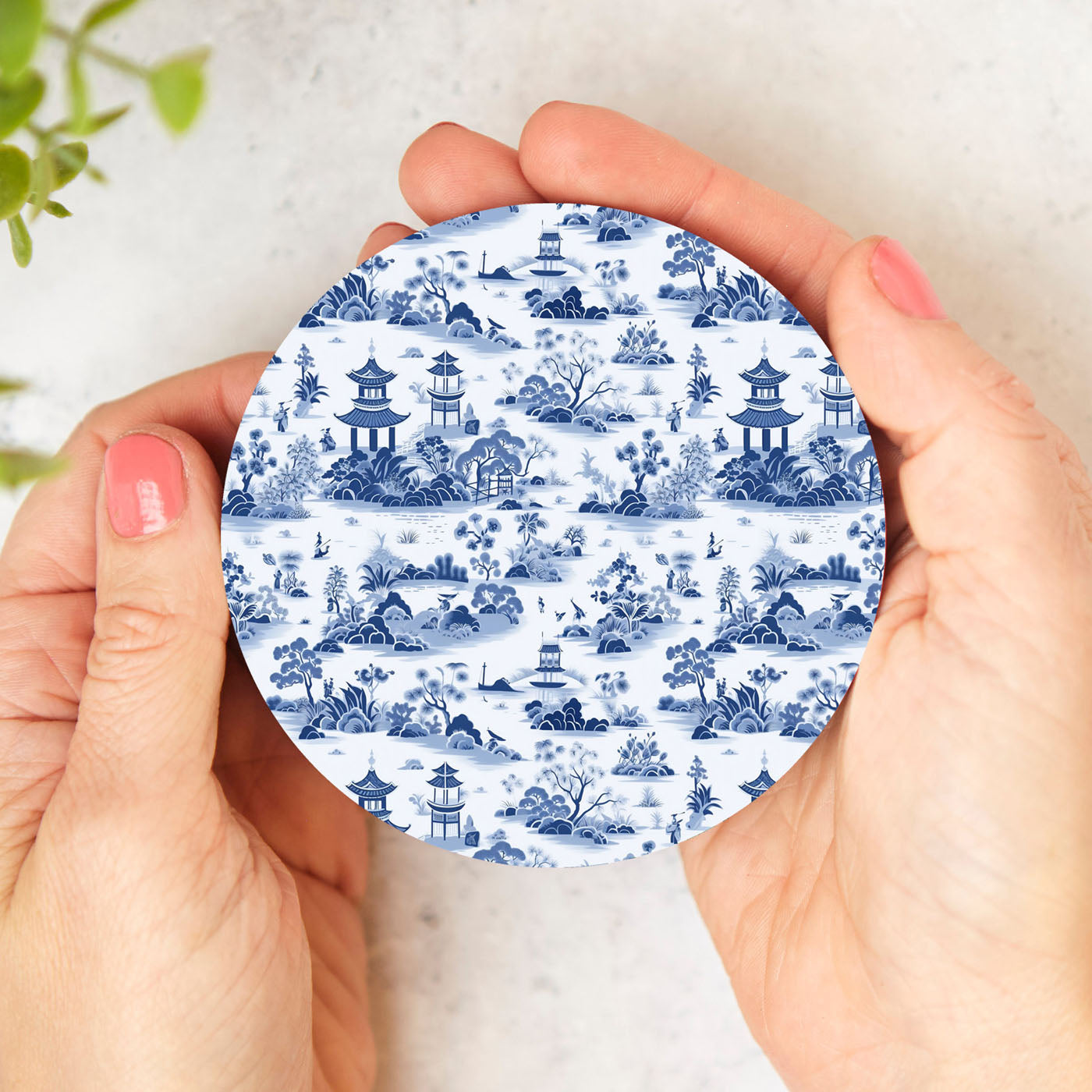 Traditional home accents with Asian inspired coasters
Contemporary table setting with classic Chinoiserie
statement ceramic coasters Chinoiserie blue white porcelain ginger jar blue willow Staffordshire dog cork backing decor