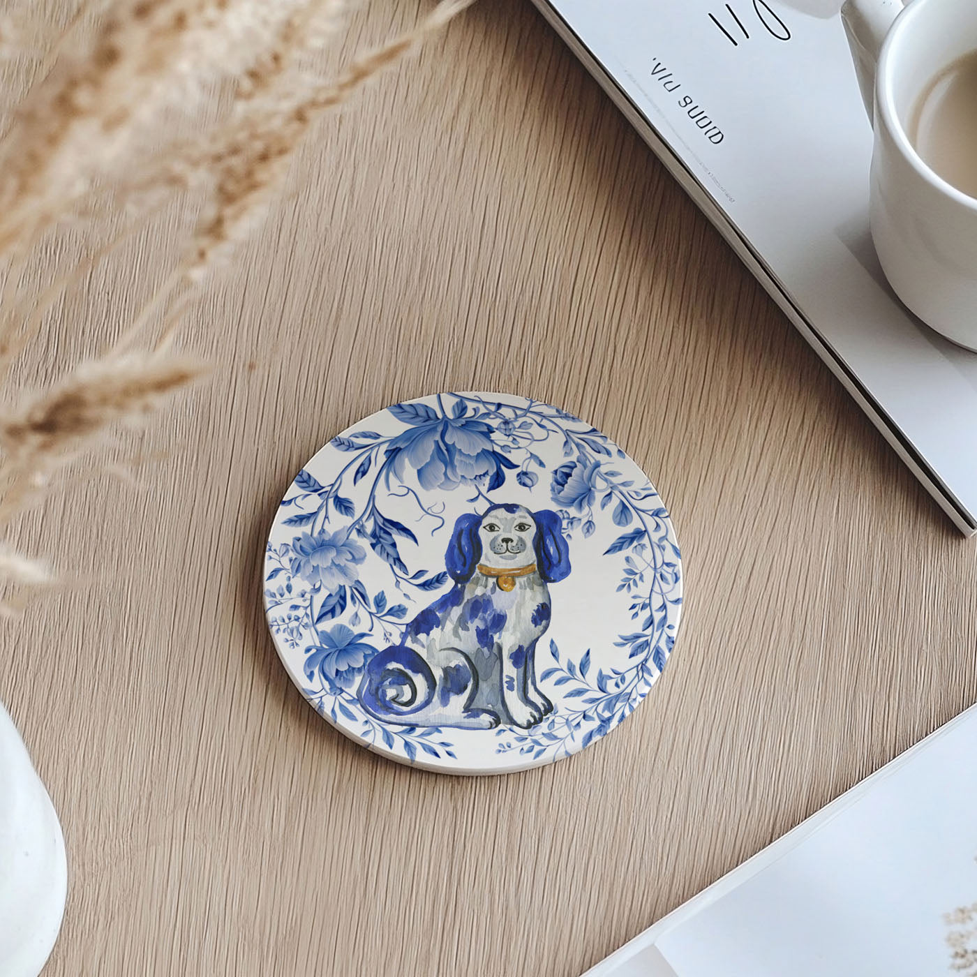 Detailed landscape toile pattern ceramic coaster
Chinoiserie dog portrait coaster in classic blue and white
Intricate garden pattern blue and white ceramic coaster